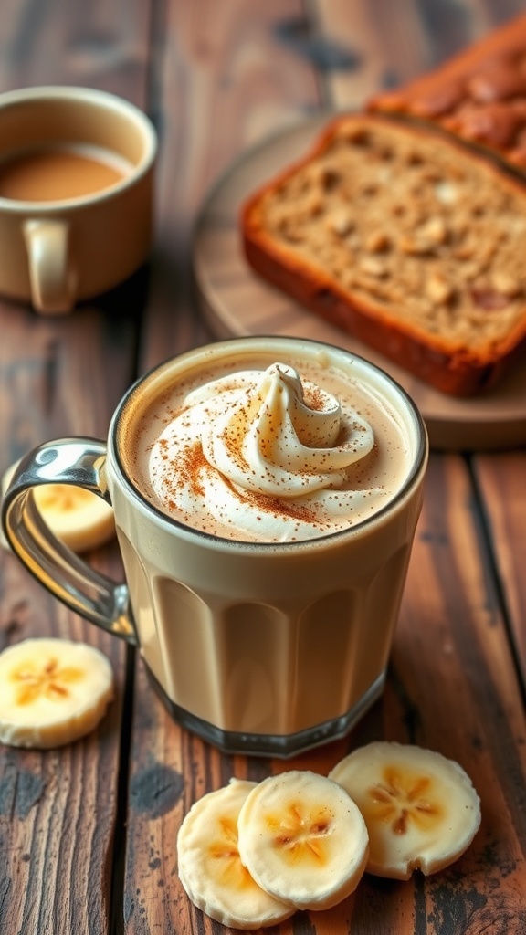 A banana bread latte in a mug with whipped cream and cinnamon, alongside a slice of banana bread on a wooden table.